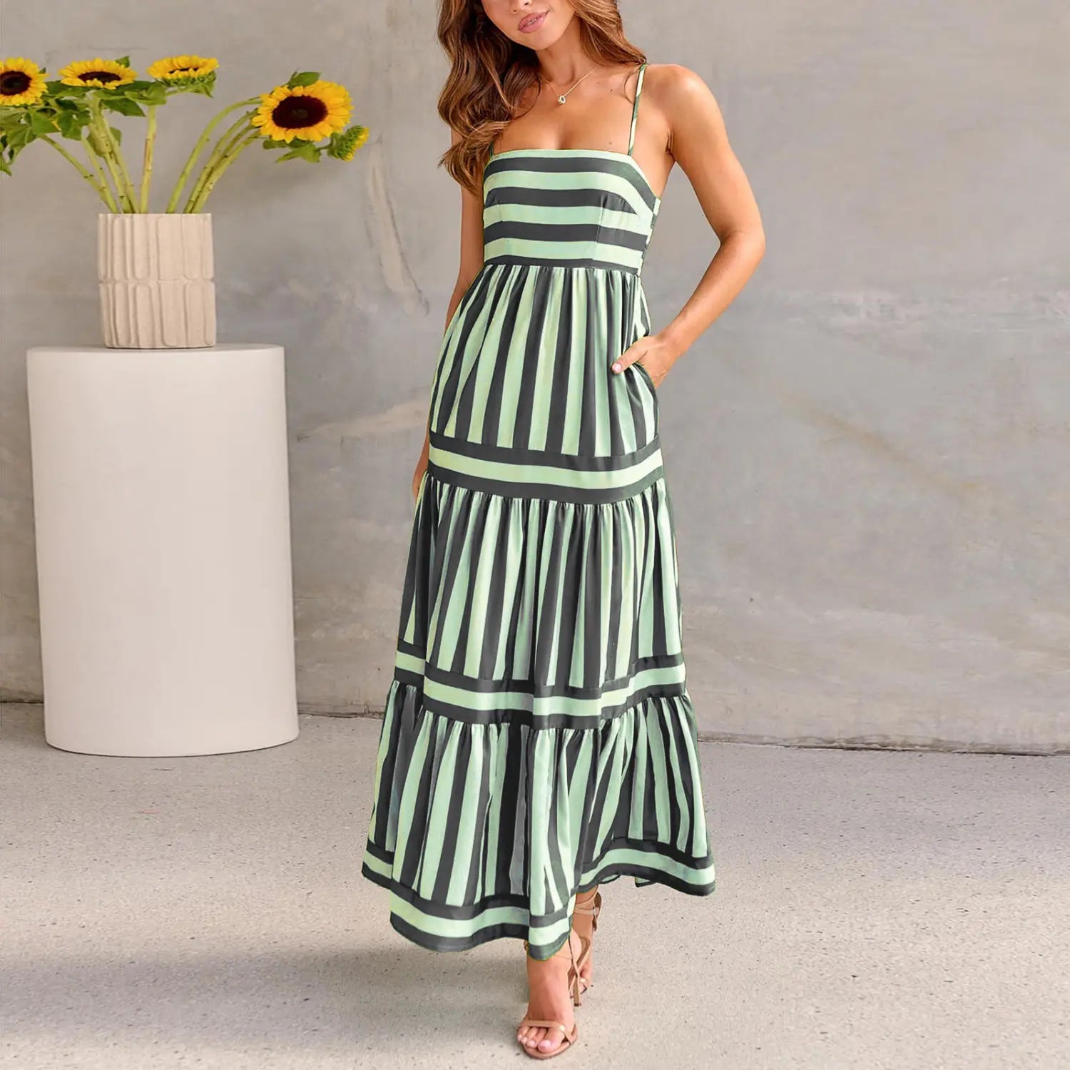 Summer Striped Printed Suspender Long Dress With Pockets Fashion Square Neck Backless Dresses For Beach Vacation Women