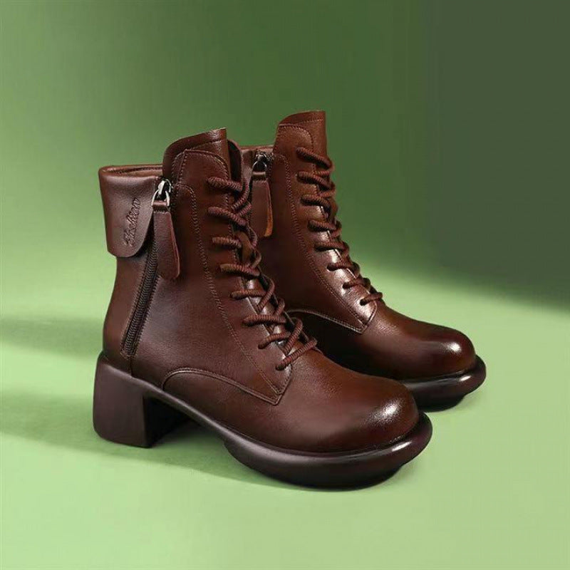 Womens Autumn Chunky-Soled Fashionable All-Match Vintage Leather Boots