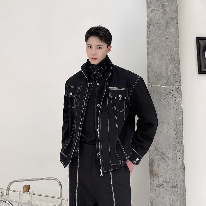 Small Stand Collar Bright Line Tooling Jacket Men's Double Clothes Door Flap
