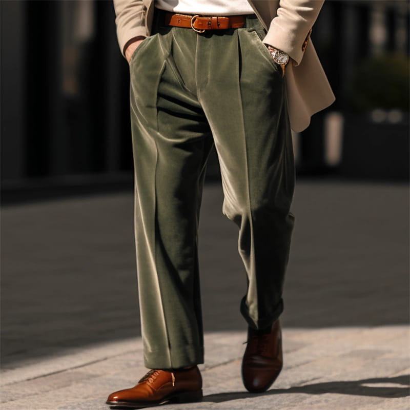Men’s Formal Velvet Front Pocket Straight Trousers
