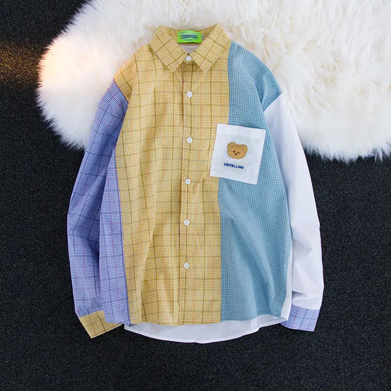 Design Sense Niche Contrast Color Stitching Plaid Shirt For Men And Women