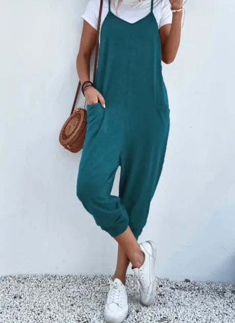 Women’s Solid Color Zipper Patch Pocket Sling Jumpsuit For Women