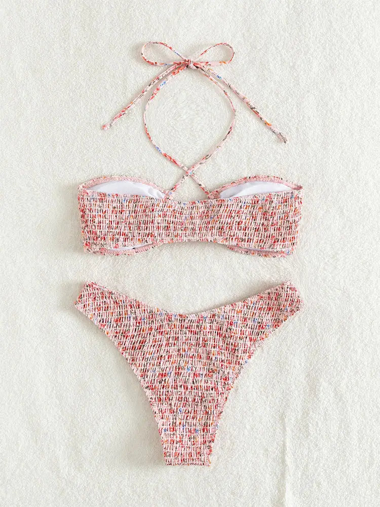 Summer Flowers Print Pleated Design Bikini Set Beach Fashion Halter Neck Swimsuit Womens Clothing