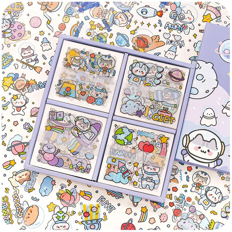 Boxed set of waterproof transparent space-themed stickers for creative projects