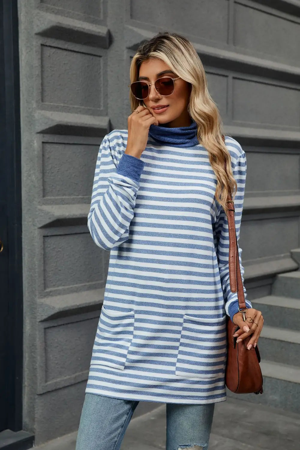 Fashion Striped Print Long Sweatshirt With Pocket Loose Long Sleeve Pullover T-shirt Top For Womens Clothing