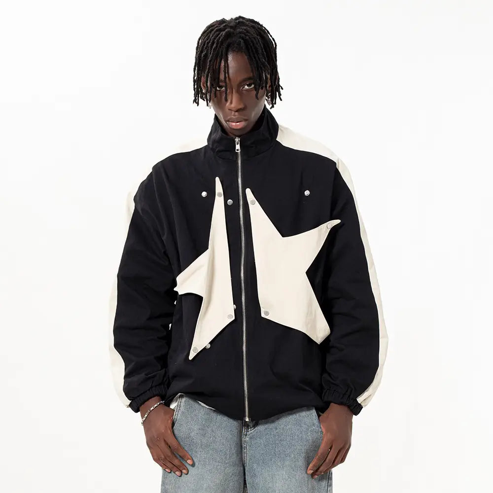 High Street Design Patch Five-pointed Star Stand Collar Zipper Coat For Men