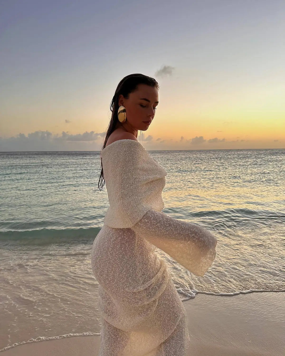 New One-shoulder Knitted Long-sleeved Dress Sexy Beach Holiday Long Dresses Womens Clothing
