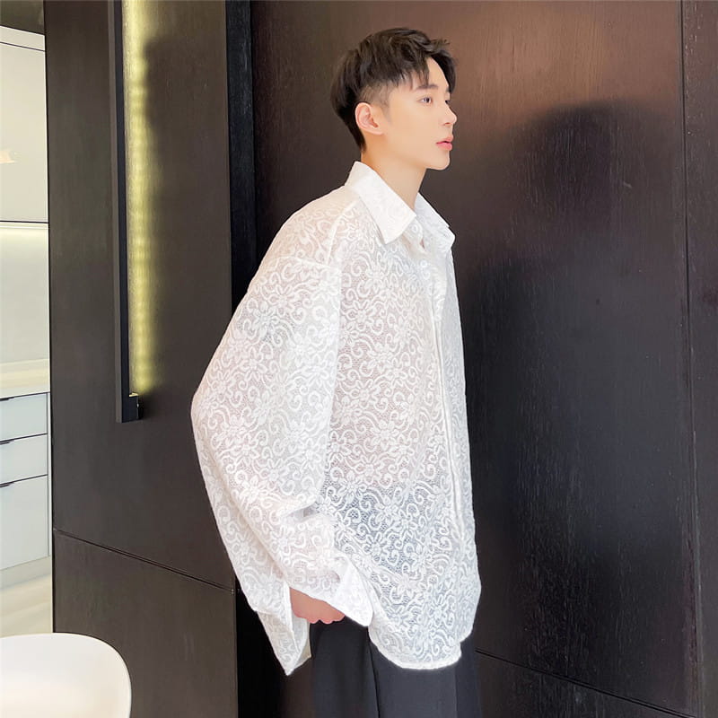 Men Transparent Embroidered Flowers Long-sleeved Shirt Sunscreen Tide