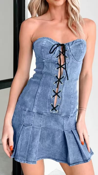 Low Waist Rope Tube Top Denim Dress Women