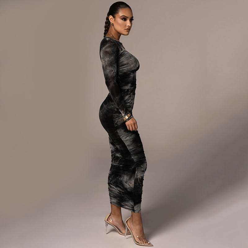 Printed Round Neck Dress Slim Slimming Hip Skirt Women