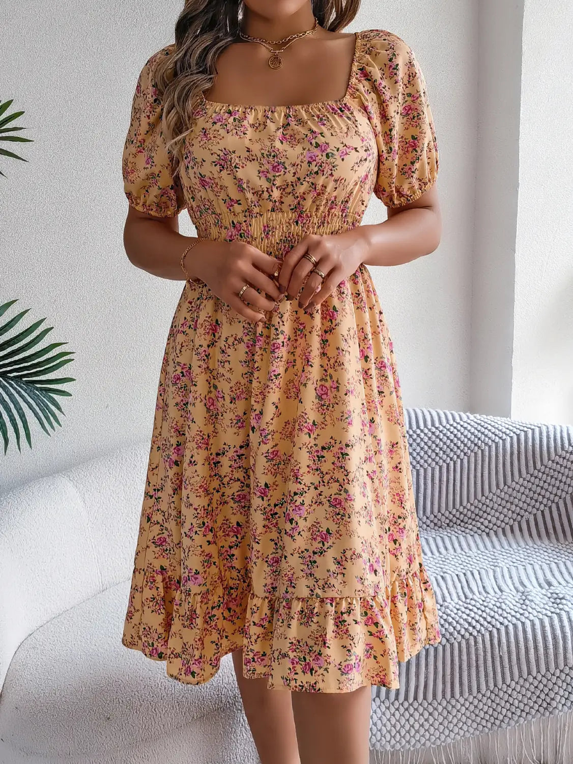 Floral Print Square Collar Dress Summer Fashion Ruffles Dresses Women’s Clothing