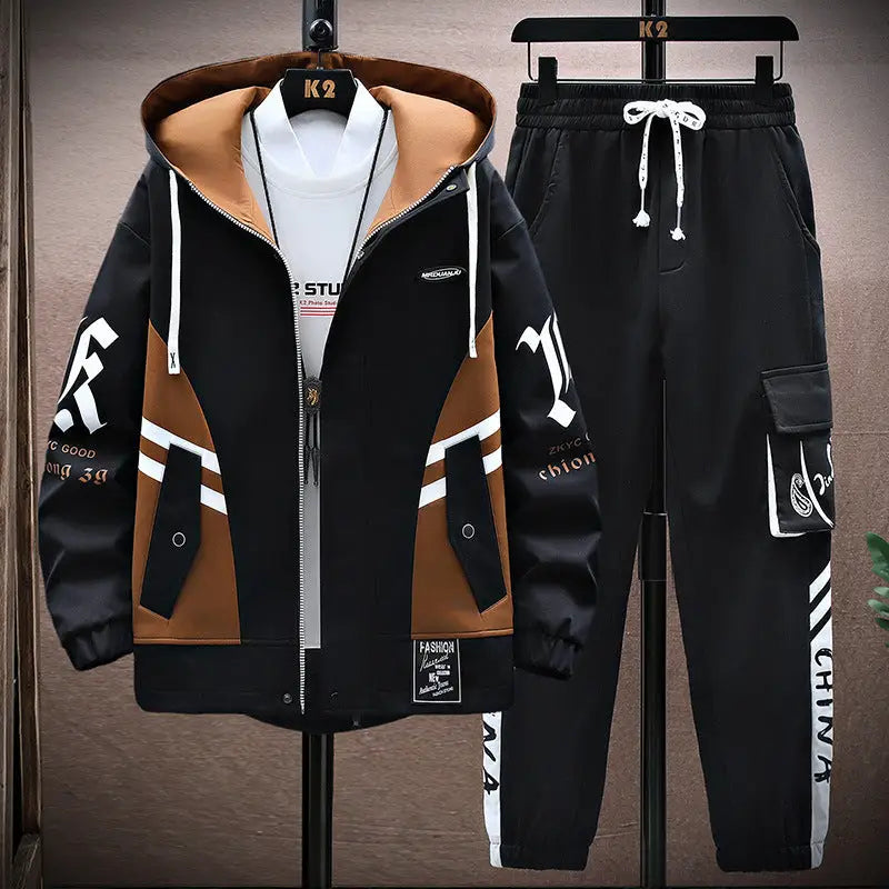 Fall Jacket Trousers Men Leisure Set - Black Suit / 2XL