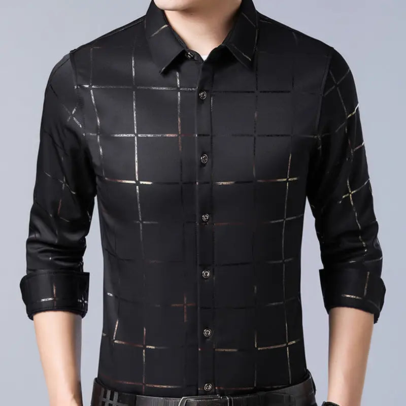 Fall men’s checked long-sleeve shirts - Black / XL