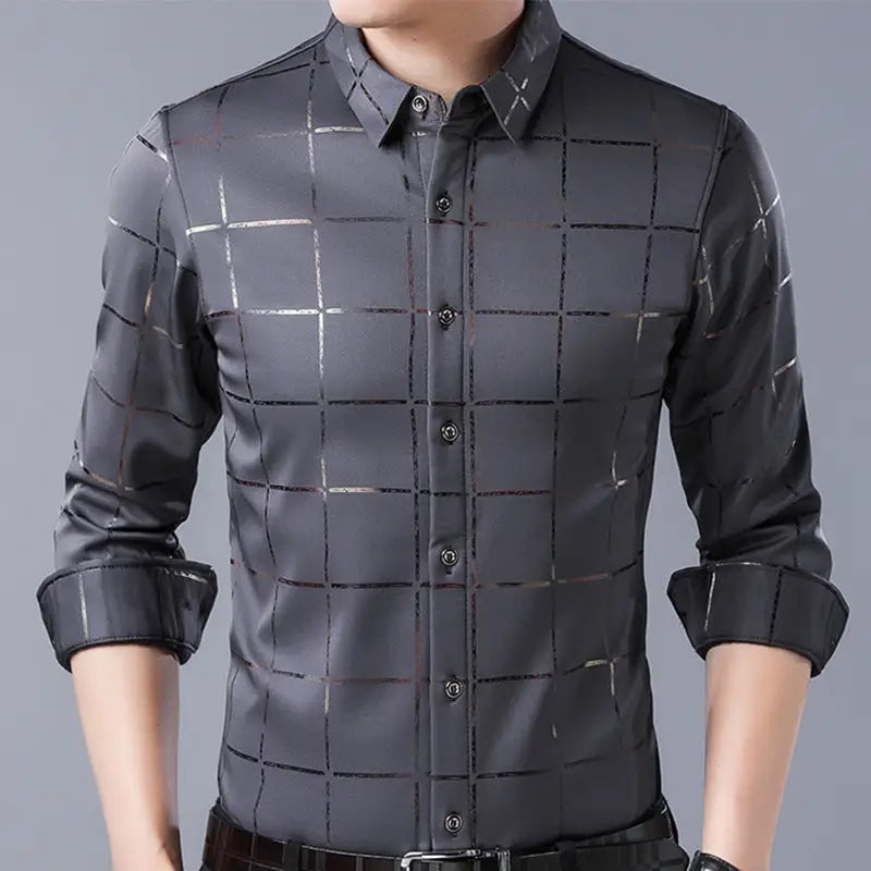 Fall men’s checked long-sleeve shirts - Grey / 3XL