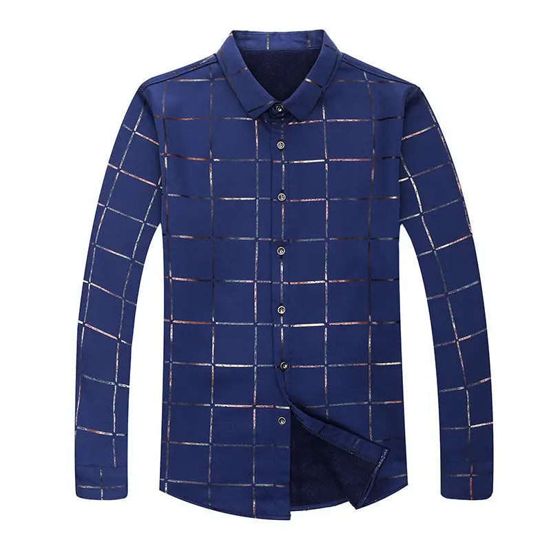 Fall men’s checked long-sleeve shirts - Navy blue / XL