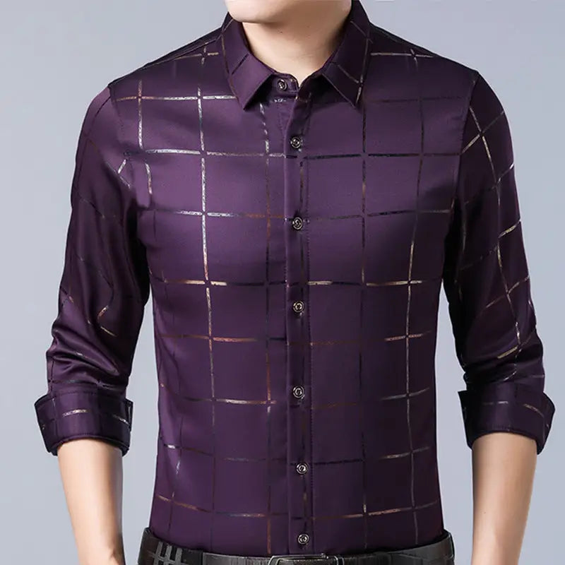 Fall men’s checked long-sleeve shirts - Purple / XL