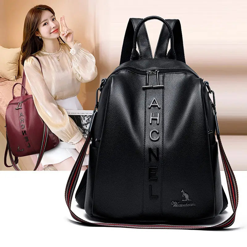 Fashion Backpack Women’s Casual Letter Large Capacity Pu Soft Leather Lightweight Travel Bag