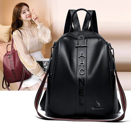 Fashion Backpack Women’s Casual Letter Large Capacity Pu Soft Leather Lightweight Travel Bag