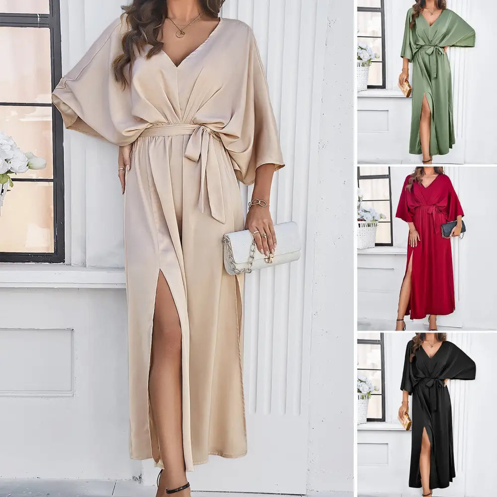 Fashion Bat Sleeve Long-sleeved V-neck Dress With Split Design Temperament Loose High Waist Lace-up Long Dresses Women
