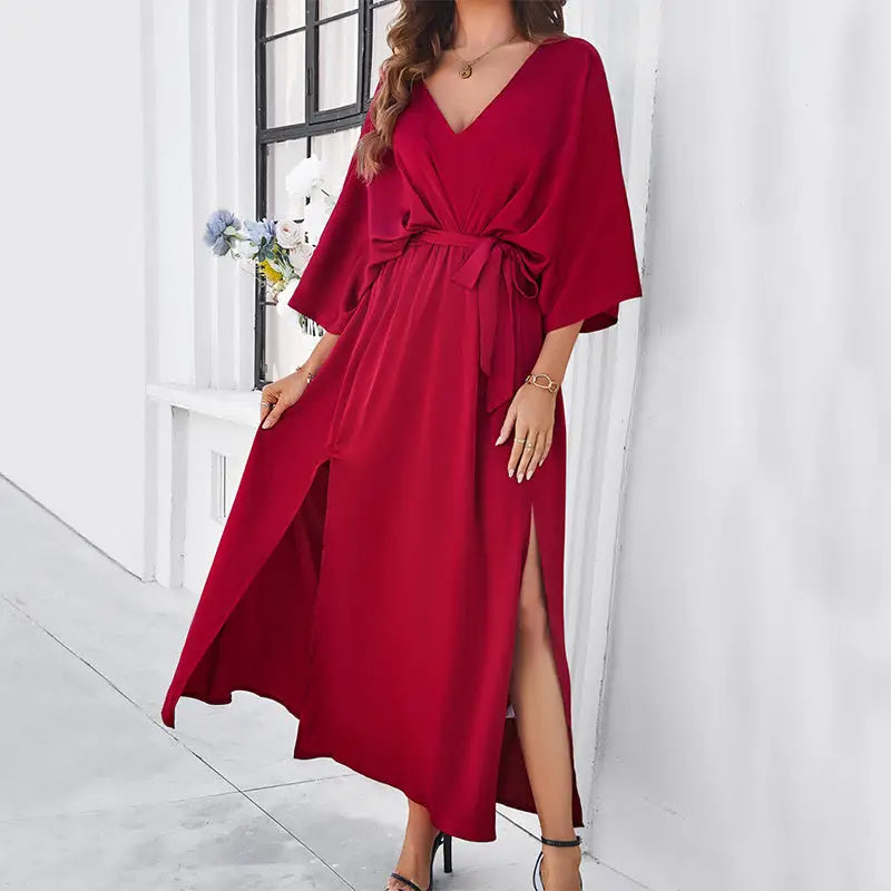 Fashion Bat Sleeve Long-sleeved V-neck Dress With Split Design Temperament Loose High Waist Lace-up Long Dresses Women