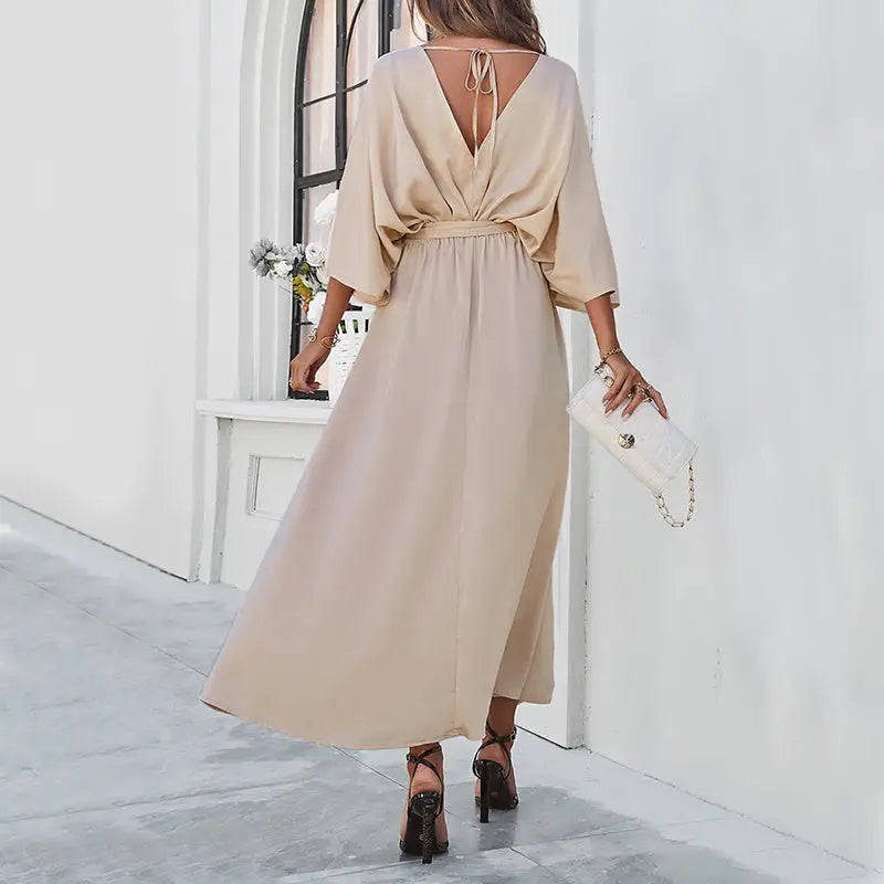 Fashion Bat Sleeve Long-sleeved V-neck Dress With Split Design Temperament Loose High Waist Lace-up Long Dresses Women