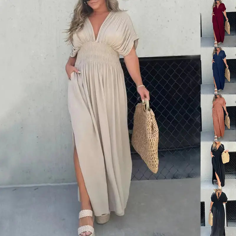 Fashion Bat-sleeved V-neck Slit Dress Summer Short Sleeve Elastic Waist Long Dresses Womens Clothing - Beyond Trends Hub 