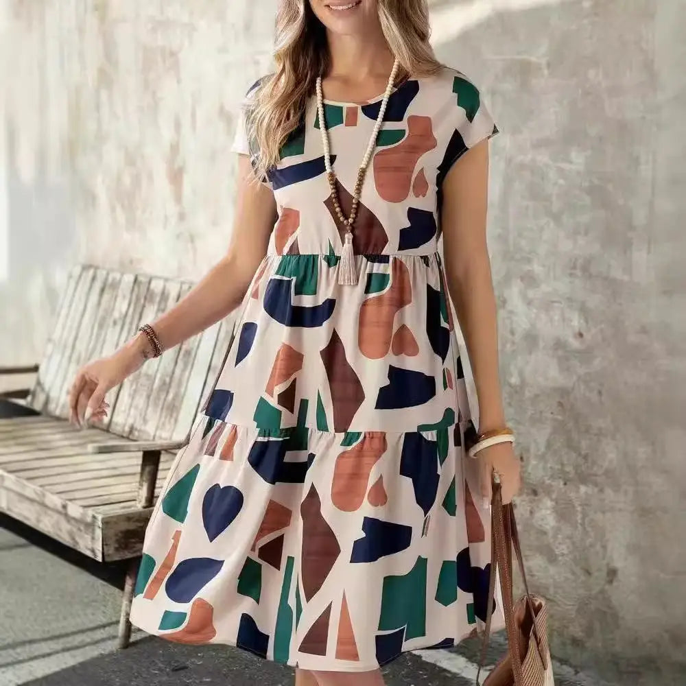 Fashion Casual Multicolor Printed Women’s Dress - Brown / S