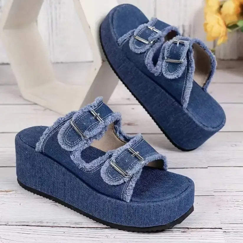 Fashion Denim Buckle Wedges Sandals Summer Outdoor High Heel Slippers Thick Bottom Camouflage Shoes For Women Beyond Trends Hub
