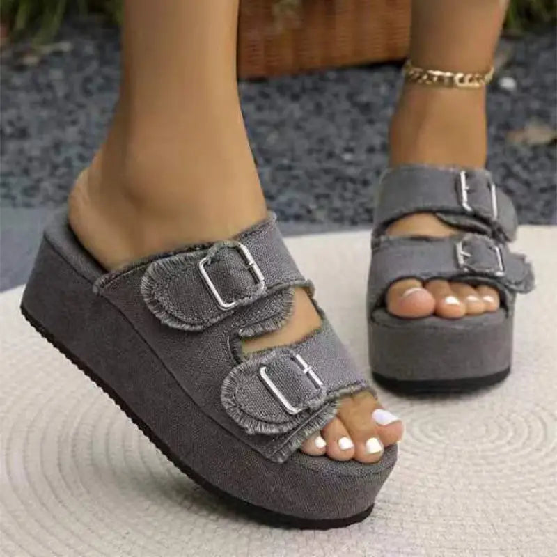 Fashion Denim Buckle Wedges Sandals Summer Outdoor High Heel Slippers Thick Bottom Camouflage Shoes For Women Beyond Trends Hub