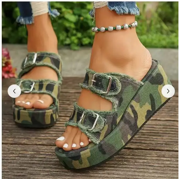 Fashion Denim Buckle Wedges Sandals Summer Outdoor High Heel Slippers Thick Bottom Camouflage Shoes For Women Beyond Trends Hub