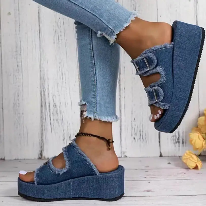 Fashion Denim Buckle Wedges Sandals Summer Outdoor High Heel Slippers Thick Bottom Camouflage Shoes For Women Beyond Trends Hub
