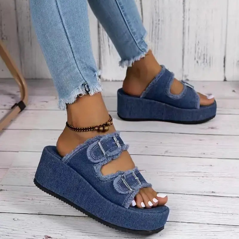 Fashion Denim Buckle Wedges Sandals Summer Outdoor High Heel Slippers Thick Bottom Camouflage Shoes For Women Beyond Trends Hub