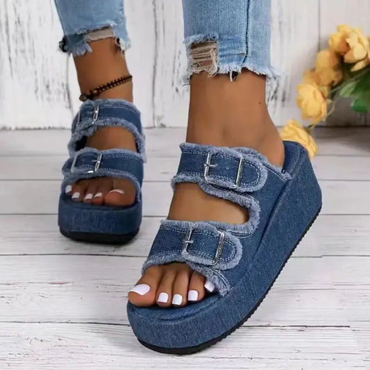 Fashion Denim Buckle Wedges Sandals Summer Outdoor High Heel Slippers Thick Bottom Camouflage Shoes For Women Beyond Trends Hub