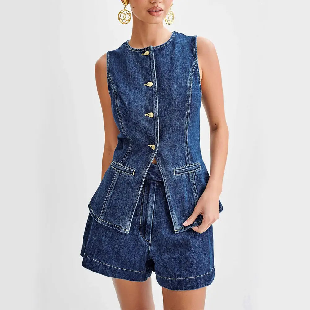 Fashion Denim Suit Summer Casual Sleeveless Button Vest Top And High Waist Shorts Set For Womens Clothing Beyond Trends Hub