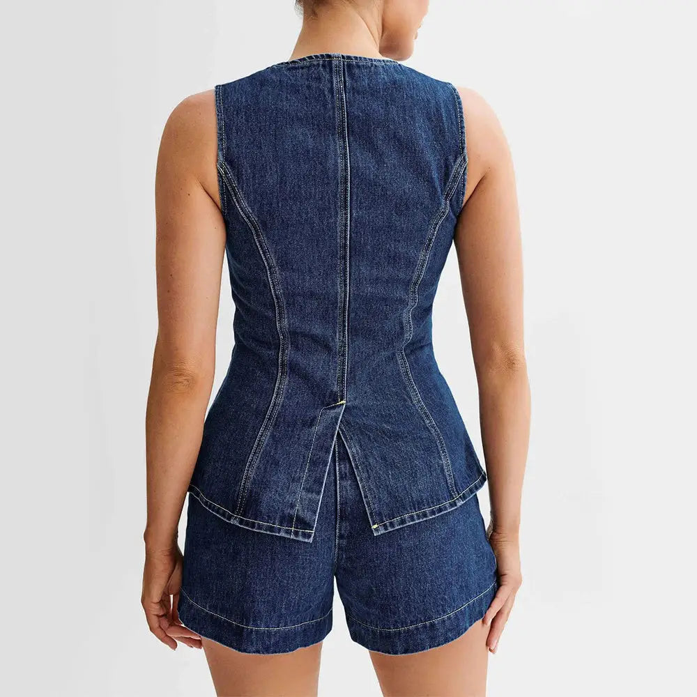 Fashion Denim Suit Summer Casual Sleeveless Button Vest Top And High Waist Shorts Set For Womens Clothing Beyond Trends Hub