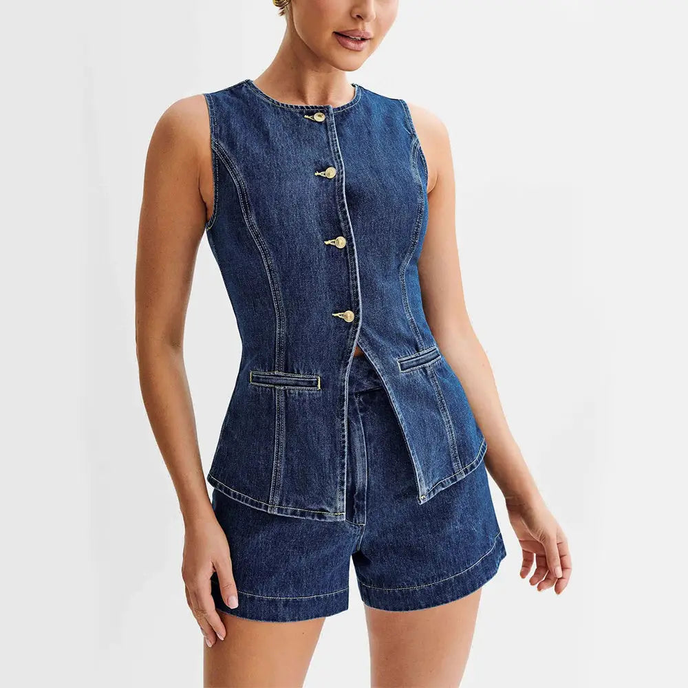Fashion Denim Suit Summer Casual Sleeveless Button Vest Top And High Waist Shorts Set For Womens Clothing Beyond Trends Hub