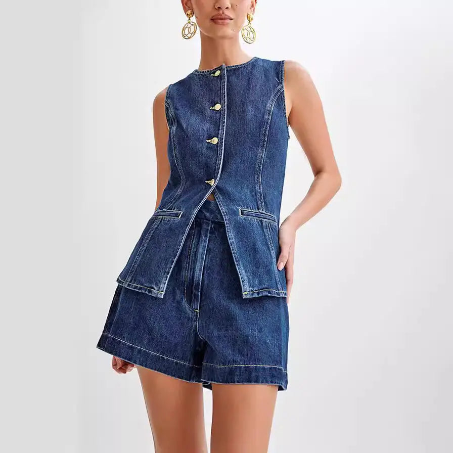 Fashion Denim Suit Summer Casual Sleeveless Button Vest Top And High Waist Shorts Set For Womens Clothing Beyond Trends Hub
