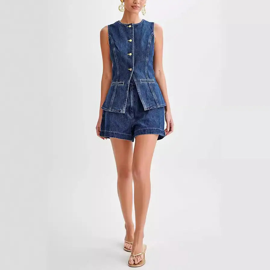 Fashion Denim Suit Summer Casual Sleeveless Button Vest Top And High Waist Shorts Set For Womens Clothing Beyond Trends Hub