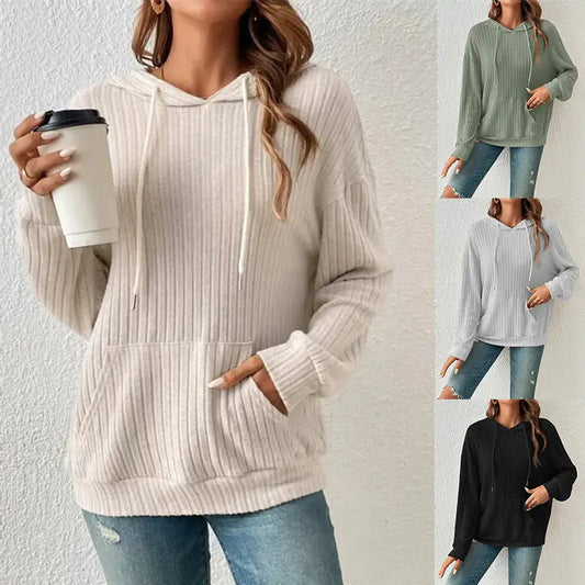 Fashion Drawstring Long-sleeved Hooded Sweatshirt With Pockets Solid Sunken Stripe Hoodie Knitwear Womens Clothing Beyond Trends Hub