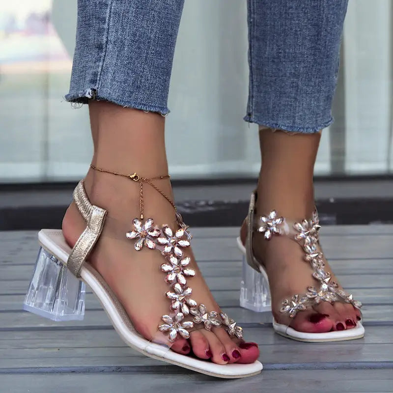Fashion Flowers Sandals With Transparent High Square Heels Summer Square Toe Shoes For Women Beyond Trends Hub