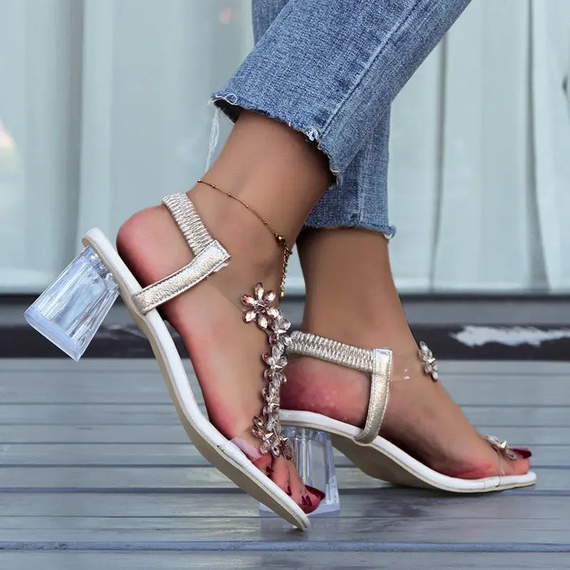 Fashion Flowers Sandals With Transparent High Square Heels Summer Square Toe Shoes For Women Beyond Trends Hub