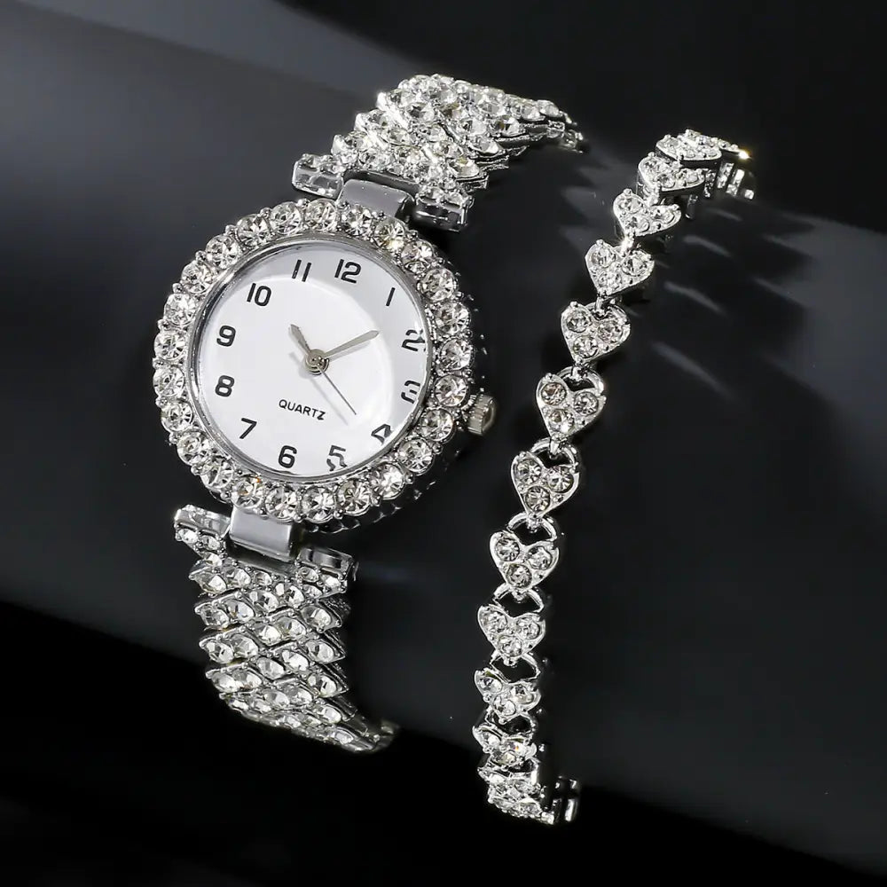 Fashion Jewelry 2pcs Luxury Fashion Women Watch Set Silver Strap Ladies Quartz Wristwatch Alloy Bracelet For Ladies