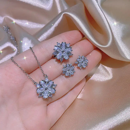 Fashion Jewelry Zircon Women Necklace Ring Double Layers Flower Cubic Zirconia Jewelry Shiny Simple All Match Stud Earrings Ring Necklace For Wedding Beyond Trends Hub