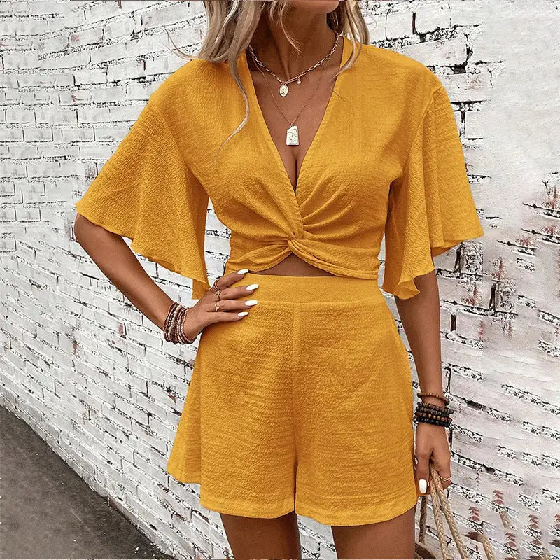 Fashion Loose Suits For Women V-neck Ruffle Sleeve Short-sleeved Top And Shorts Summer Two-piece Set Clothing - Beyond Trends Hub 