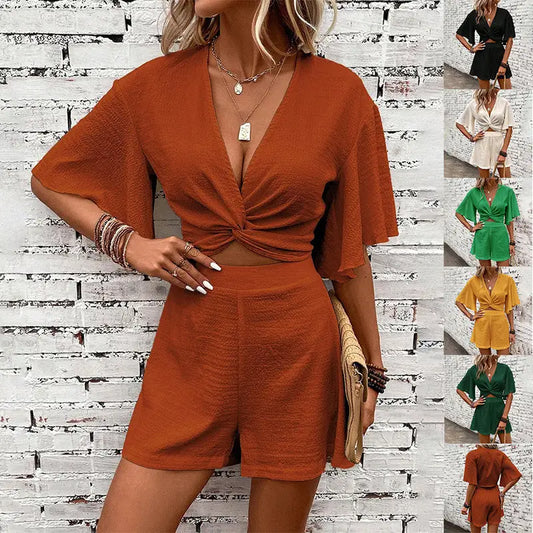 Fashion Loose Suits For Women V-neck Ruffle Sleeve Short-sleeved Top And Shorts Summer Two-piece Set Clothing - Beyond Trends Hub 