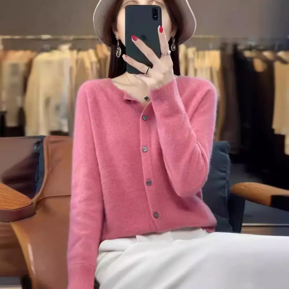 Fashion Merino Wool Cardigan Sweater Women O-Neck Long-sleeve Cashmere Knitwear Spring Autumn Female Clothing Tops Beyond Trends Hub