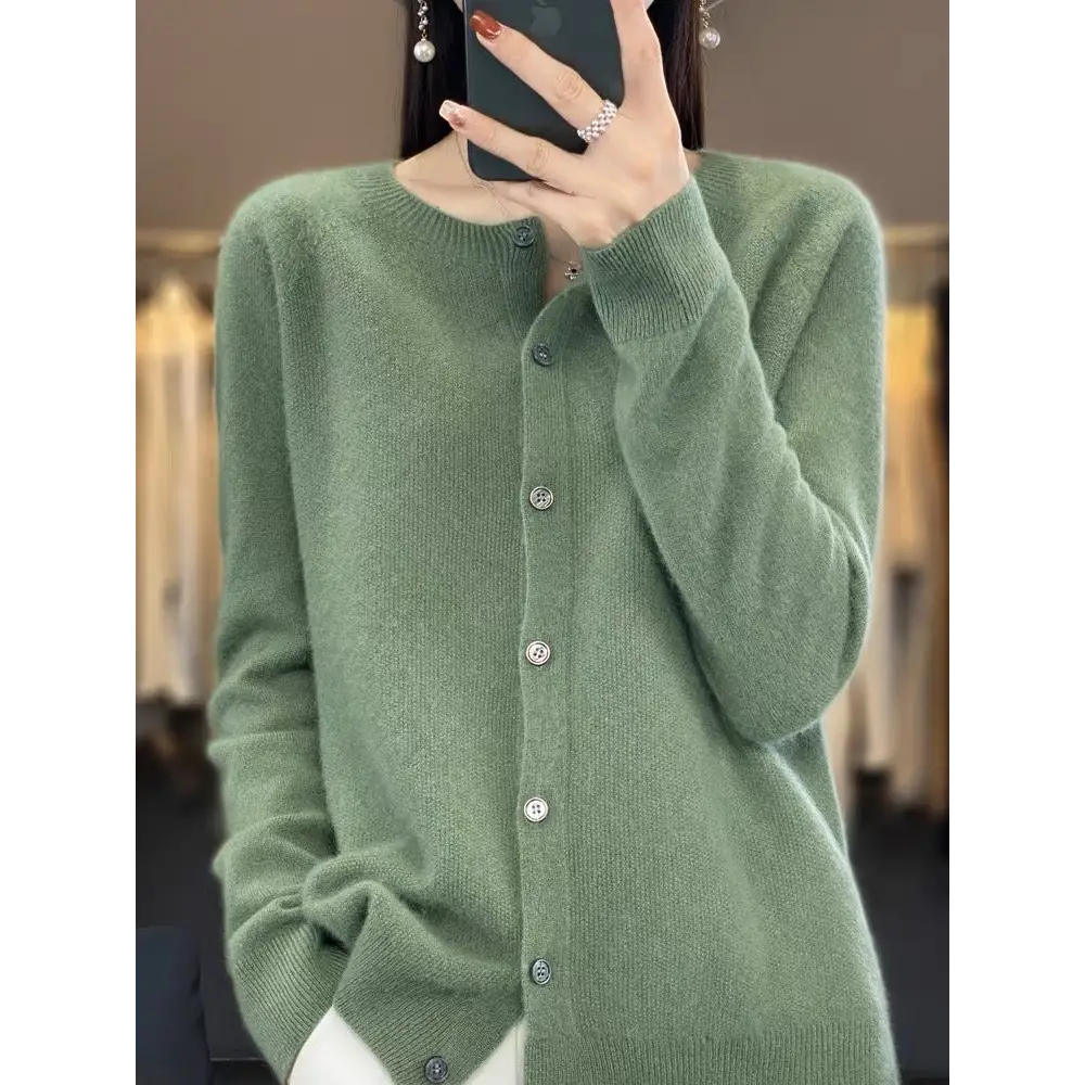 Fashion Merino Wool Cardigan Sweater Women O-Neck Long-sleeve Cashmere Knitwear Spring Autumn Female Clothing Tops Beyond Trends Hub