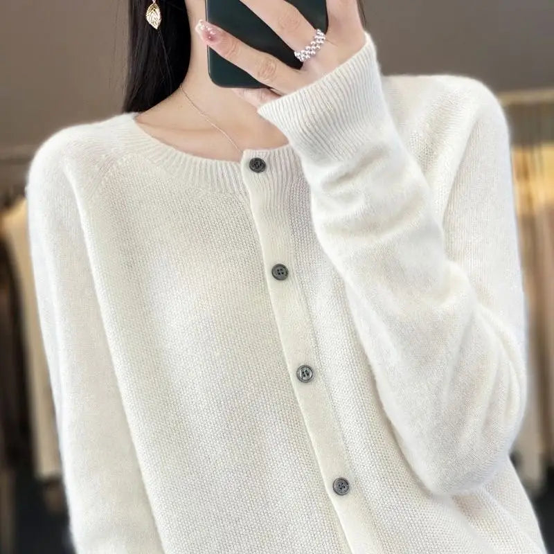 Fashion Merino Wool Cardigan Sweater Women O-Neck Long-sleeve Cashmere Knitwear Spring Autumn Female Clothing Tops Beyond Trends Hub