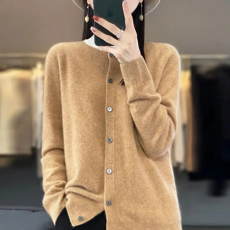 Fashion Merino Wool Cardigan Sweater Women O-Neck Long-sleeve Cashmere Knitwear Spring Autumn Female Clothing Tops Beyond Trends Hub