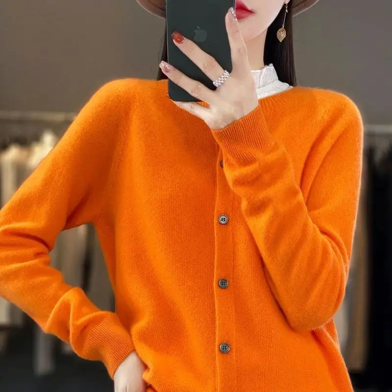 Fashion Merino Wool Cardigan Sweater Women O-Neck Long-sleeve Cashmere Knitwear Spring Autumn Female Clothing Tops Beyond Trends Hub